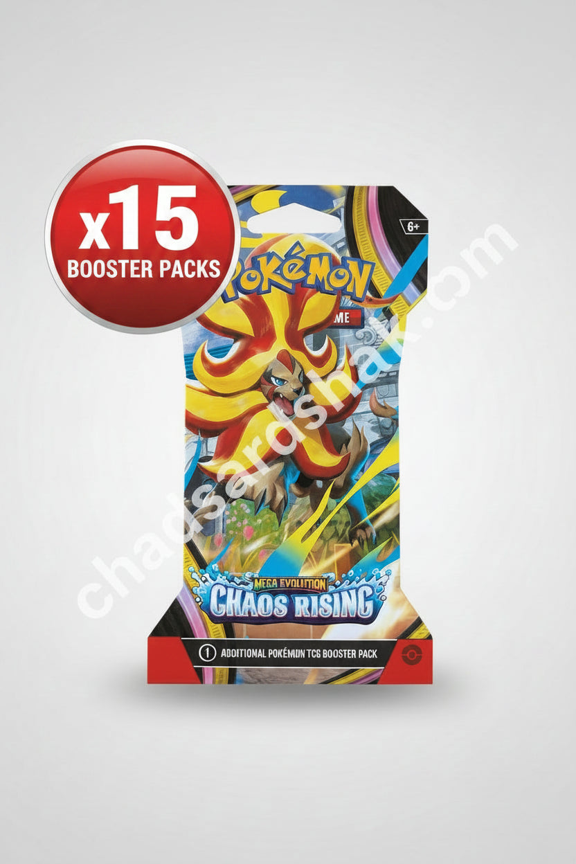 Pokémon Mega Evolution Chaos Rising trading card game booster pack on a wooden surface