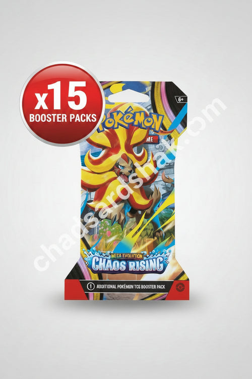 Pokémon Mega Evolution Chaos Rising trading card game booster pack on a wooden surface