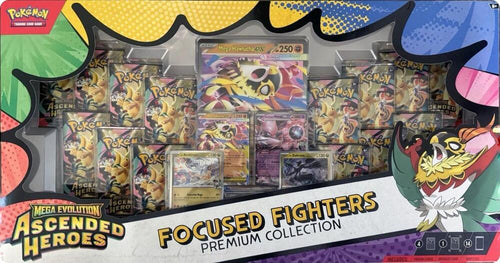Pokémon TCG Mega Evolution Ascended Heroes Focused Fighters Premium Collection box featuring Mega Hawlucha ex, booster packs, and promo cards