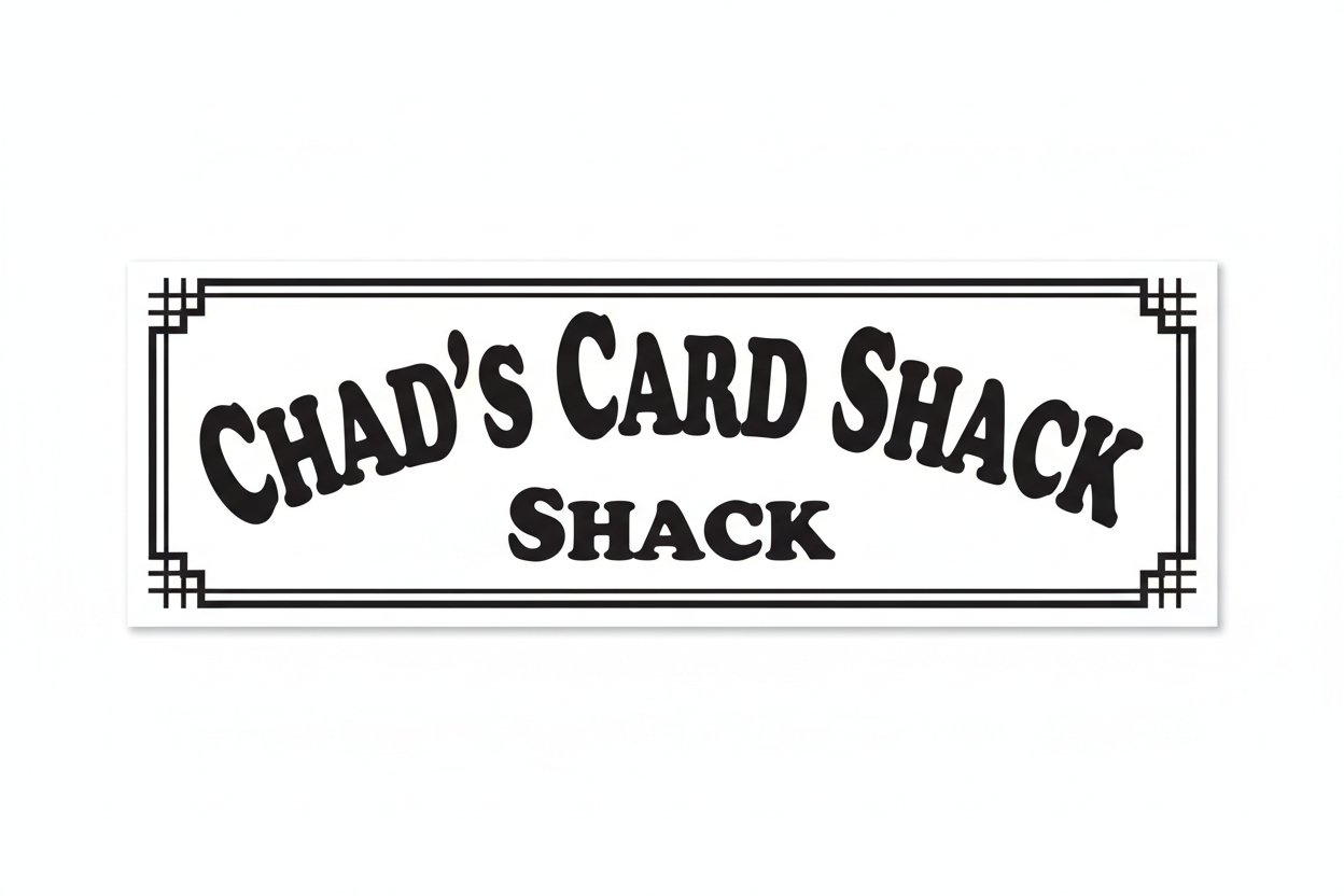 Create a header sign thats is called Chads Card Shack in Black and White with similar front from the image.