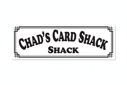 Create a header sign thats is called Chads Card Shack in Black and White with similar front from the image.